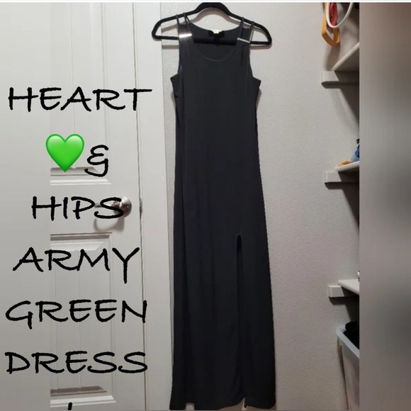 💚🔥HEART & HIPS ARMY GREEN RIBBED TANK DRESS WITH SPLIT IN FRONT SIZE L - Picture 1 of 11
